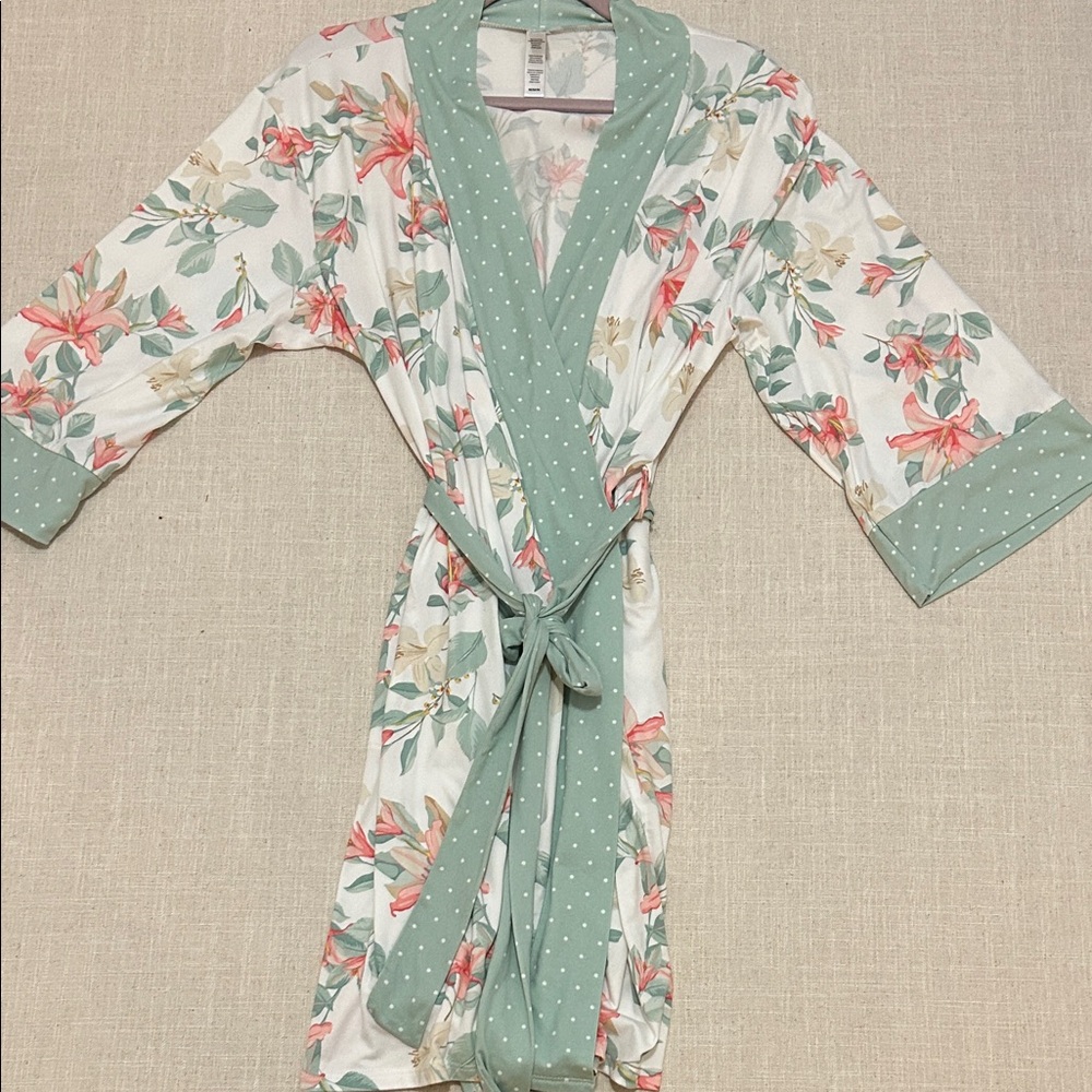 Flora Nikrooz Floral Polka Dot Robe Women’s M Green Feminine Romantic Loungewear - Picture 12 of 15